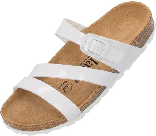 Palado Pantoletten Damen Ikaria – bequeme Sandalen Made in Spain - Hausschuhe mit dämpfendem Kork-Fußbett - modische Sommerschuhe Weiß Lack UK3,5 - EU36