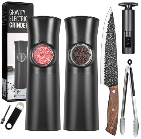 Gravity Electric Salt and Pepper Grinder Set with Chef's Knives and Wine Opener,Adjustable Coarseness,Battery Operated with LED Light,One Hand Automatic Operation, 2 Pack