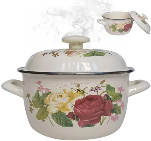 Enamel Pot 10x6 Inch Non- Stick Enamel Stock Pot with Lid and Handles Retro Flower Soup Pot Thicken Enamel Cookware for Home Kitchen Restaurant Pasta Milk Soup S Enamel Stock Pot Pasta Pan Soup Pot