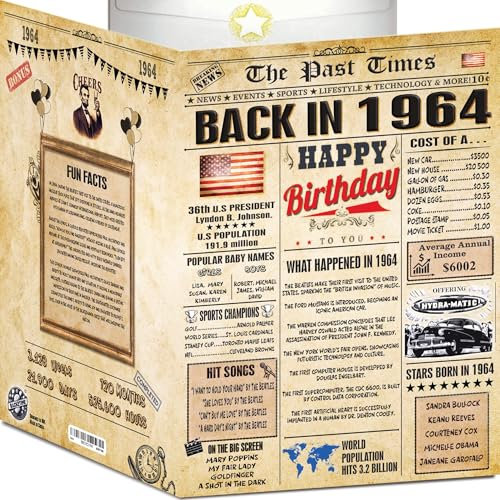 Tarjetas de cumpleaños número 60 para hombres y mujeres – Periódico Back In 1964 – Tarjeta de cumpleaños A4 + sobre, regalo grande feliz cumpleaños decoraciones para ella él tarjeta divertida vintage