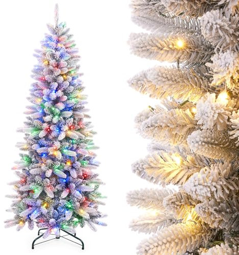Yorbay Sapin de Noël Slim Artificiel Lumineux LED avec enneigé, étroit et Haut, Gain de Place, Sapin Artificiel pour Décoration Noël, en PE et PVC (210cm avec LED colorée)
