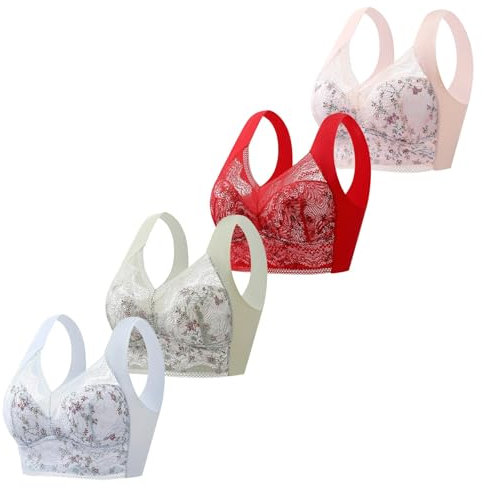 Lot de 4 soutiens-gorge sans armatures grandes tailles - Noir - Soutien-gorge push-up sans coutures - Dentelle froncée - Soutien-gorge de sport fin et respirant - Élégant - Couleur unie, vert, L