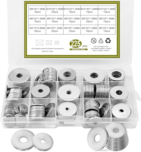Lot de 225 rondelles plates en acier inoxydable 304, assortiment de rondelles de sécurité, écrous en métal, 15 tailles M3/M4/M5/M6/M8/M10/M12, rondelles métalliques, argentés