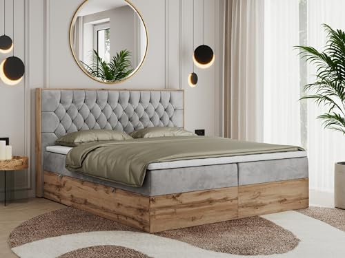 MKS MEBLE Boxspringbett 140x200 mit Bettkasten Eiche, Polsterbett 140x200 mit Matratze H3, Bett 140x200 mit Kopfteil, Bett mit Holzrahmen in Wotan Eiche - Hellgrau Velvet - Amore