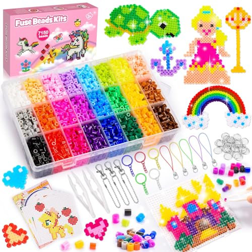 Geebiiny Craft Kits for Kids, Girls Birthday Presents Fuse Beads Kits with 7000+ Beads in Over 24 Colours Girls Toys Age 5-9 Year Old Girl Gifts Arts and Crafts for Kids
