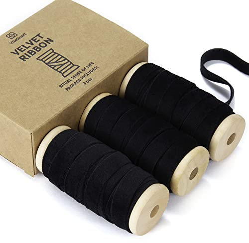 Vitalizart Schwarzes Samtband Set 0,95 cm x 13,7 m mit Hölzernen Spule, Stoffband 3 Rollen*4,57 m für Weihnachten Kranz Dekoration Handgemachte Handwerk Ornamente & Geschenkverpackungen