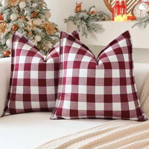 Sungeek 2er Set Weihnachten Tartan Kissenbezüge, Buffalo Plaid Dekorativ Zierkissenbezüge Kissenbezug Dekokissen Deko Bezug Kariert Kissenhülle für Sofa Schlafzimmer Wohnzimmer 60x60cm (Rot+Weiß)