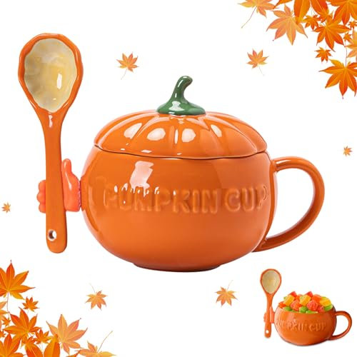 Halloween Kürbis Tasse, 300ml Keramik Kürbis Tassen mit Deckel und Löffel, Kürbis Kaffeetasse, Herbst Tasse Kaffeebecher Teetasse, Pumpkin Mug Halloween Tasse Glatte Glasur Dessertschalen Herbstdeko