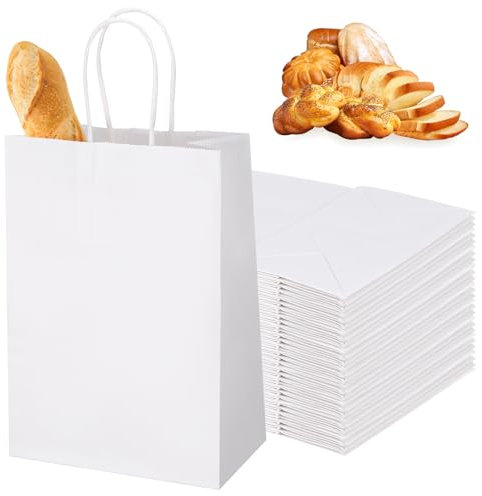 Vyuwast 30 Stück Weiß Papiertüten Klein, 15 x 8 x 21 cm Papiertüten mit Henkel, Butterbrottüten Weiß Brottüten Papier Kraftpapier Tüten Geschenktüten Klein für Geburtstag Hochzeit Party Weihnachten
