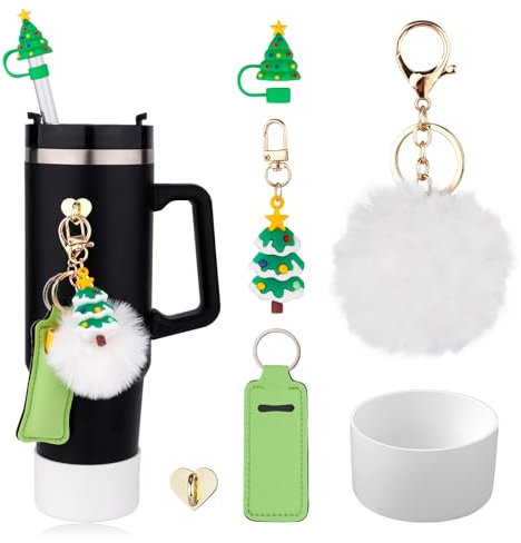 Gosknor Christmas Cup Accessories Set for Stanley, 6pcs Cup Accessories with Straw Cover Cup Boot Lipstick Holder Hanging Hook Pompom Christmas Charms for Stanley Cup 30oz 40oz Tumbler (Xmas Tree)