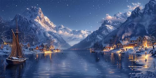 Petite Ville Peinture par Numéros pour Adulte, Peinture Numero Paysage De Montagne Enneigé Peinture Numero Enfant Loisir Dreatif, Peinture Acrylique et peintures 3 pinceaux, Decoration Murale, 100x300