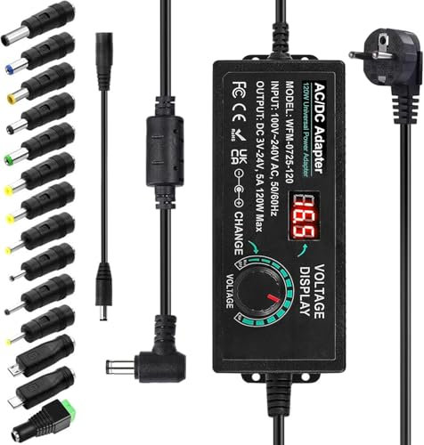 Fuente de alimentación Universal Regulable, 3 V ~ 24 V 5A 120W Adaptador de CA/CC Variable Ajustable, convertidor de CA a CC de 100 V-240 V con Pantalla LED y 14 Puntas y convertidor de Polo