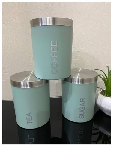 SKYANGEL GREEN SEAGLASS .Tea, Coffee and Sugar Canister Set, 3 Pieces and Chrome L14cm x H11cm air canister Broad Phrase dog biscuit storage containers Exact satco tea coffee sugar canisters