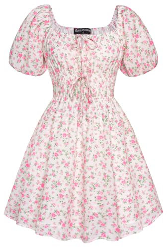Damen Sommerkleid Gesmokt Rockabilly Corsagenkleid A Linie Blumenkleid Flowy Party Kleid Rosa Blumen XXL