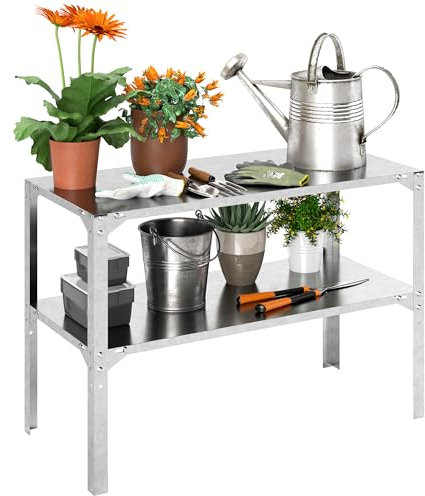 Outsunny 2 Tier Potting Bench Table, Galvanised Steel Garden Planting Work Bench Workstation with Storage Shelf for Outdoor, Patio, Greenhouse, 110 x 50 x 75 cm, Silver Tone
