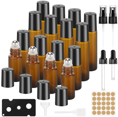 Lociban Rollonflaschen für Ätherisches Öl, 16 Stück, Leer 5ml/10ml, Braune Flaschen mit Edelstahl Rollerball, Glasroller Set für Parfüm und Massage