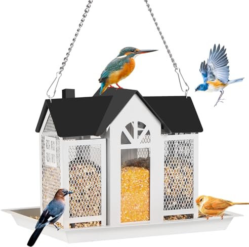 GOYOXOKY Aufhängen Vogelfutterstation, Metall Wildvogel-Futterspender, Große Kapazität Futterstelle, Vogelvilla für Garten Hängende Vogelhäuschen für Gärten, Terrassen, Decks und Rasenflächen, Weiß