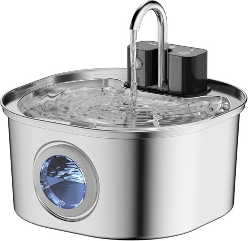 Voluas Fontaine à Eau en Acier Inoxydable pour Chats -Fontaine Sans Fil pour Animaux à Piles, 108oz/3,2L, Distributeur Automatique d'Eau pour Chiens avec Pompe Silencieuse, Facile à Nettoyer, Sans BPA