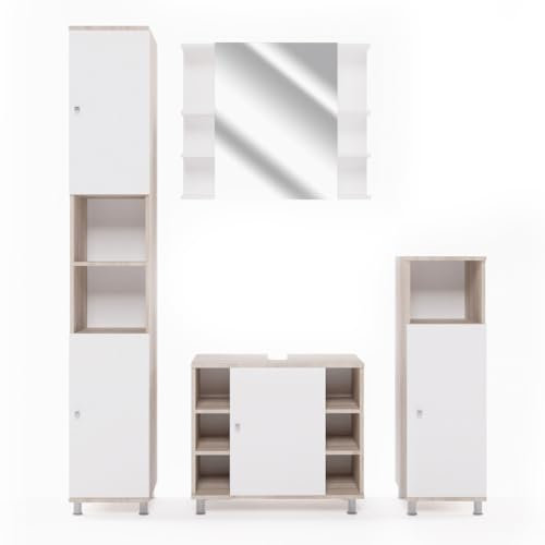 Vicco Badmöbel-Set Sonoma/Weiß Fynn, bestehend aus Badspiegelschrank, Waschbeckenunterschrank, Midischrank, Hochschrank - Offene und geschlossene Fächer für Flexible Aufbewahrung