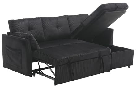 LIFEISLE Schlafsofa mit Aufbewahrung, Sofa mit Schlaffunktion, L-Fömig Couch für Wohnzimmer, Schlafzimmer, Apartment, Cord Schwarz