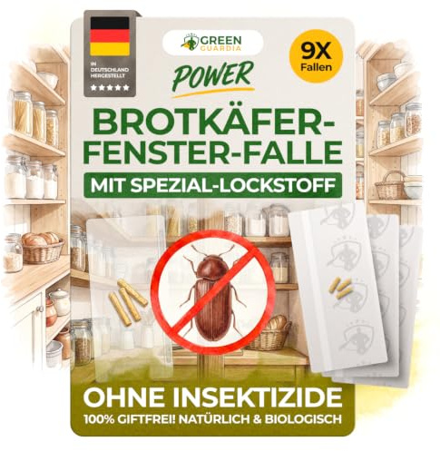 GREEN GUARDIA Brokäfer Fenster-Falle mit Spezial-Lockstoff - 9X Fallen - umweltfreundlich Brotkäfer bekämpfen, Chemiefreie Falle mit starker Klebefläche, giftfrei & geruchsneutral