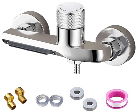 BigKing Thermostat Duscharmatur mit Sicherheitstaste, Badewannenarmatur Wasserfall 2 Auslässen, Messing Brausethermostat für Dusche und Badewanne, Einfache Installation