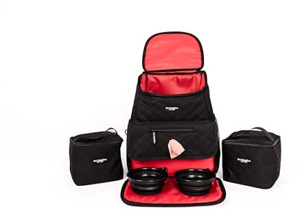 Pet Travel Bag Set | Waterproof, Wipeable Material with Adjustable Straps | Built-In Poo Bag Dispenser and Two Collapsible Silicone Bowls & Food Carriers | Practical Backpack | Black