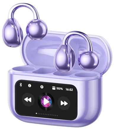 Auriculares Oreja Abierta Inalambricos Bluetooth Deportivos con Pantalla LED Táctil, Cascos Bluetooth 5.4 , Diseño Abierto, Estuche Inteligente, Auriculares Clip para Deporte y Uso Diario, M100 Morado