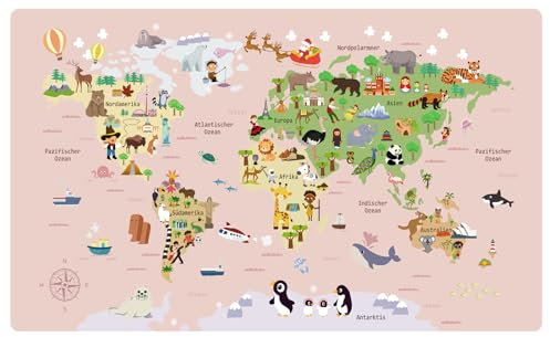 Schreibtischunterlage für Kinder - Weltkarte in rosa mit Tieren und Gebäuden- 70 x 40 cm - Doppelseitige PU-Leder schreibtischunterlage kinder abwischbar - öl- und schmutzabweisend, weicher