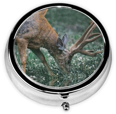Pillendose mit Aufdruck Buck On The Gras, rund, 3 Fächer, dekorativ, tragbar, Reise-Pillenhalter, Tablette, Vitamin-Organizer, Mini-Pillendose (2 Stück)