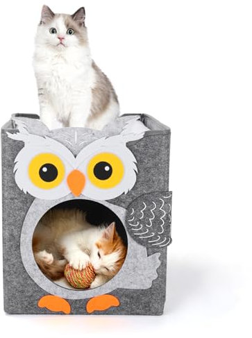 Dripex Katzenhöhle 2 Etagen Katzenhaus aus Filz inkl. Kissen Kuschelhöhle für Mietze Katzen zum Schlafen, Verstecken und Toben 30 x 35 x 35 cm (Eule)