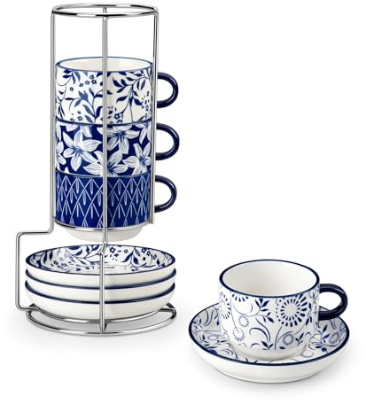 vancasso SELENE - Juego de Tazas de Café y Desayuno con Plato y Soportes - 4 x 150 ml - Tazas de Porcelana Para Té, Capuchino, Leche, Avena, Apto Lavavajillas y Microondas - Vintage en Azul y Blanco