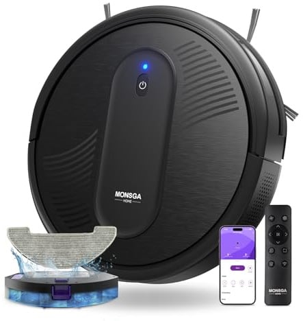 MONSGA Saugroboter mit Wischfunktion 4000PA, Saug und Wischroboter 3 in 1 mit 2 Bürsten,140Min Laufzeit, Staubsauger Roboter mit Auto-Teppich-Boost für Tierhaare Teppich Böden, APP Steuerung