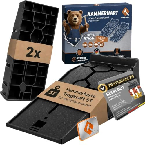 HAMMERHART - Auffahrrampe PKW [2er Set <5T ] | Hochbelastbare Auto Rampe TESTSIEGER | Auffahrkeile mit Anti Rutsch Struktur für jeden Untergrund | Auffahrrampen ideal für Wohnwagen, Anhänger & Pkw