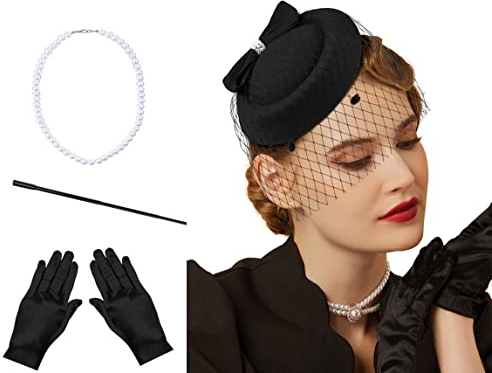Fascinators Hüte 20er 50er Jahre Hut Pillbox Hut Cocktail Tee Party Kopfbedeckung mit Schleier für Mädchen und Frauen, C-schwarz Set-1, Einheitsgröße