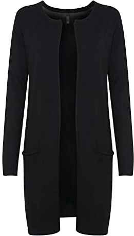 PULZ JEANS PZSARA Damen Lange Strickjacke Feinstrick Cardigan Longstrickjacke mit aufgesetzten Taschen, Größe:XL, Farbe:Black (5000199)