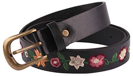 Damen Blumen Stickerei Leder Jeans Gürtel - Bohemian Stickerei Casual PU Leder Gürtel - mehrfarbig - M (Lange 110 cm, Breite 3 cm)