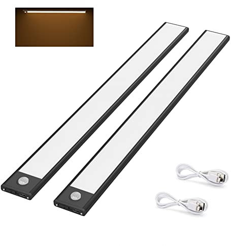 Klighten 2er Pack Schrankbeleuchtung mit Bewegungsmelder,170LM,2200 mAh Magnetisch/ 3M Doppelaufkleber, Auto/ON/OFF,USB Wiederaufladbar,LED Schrankleuchten für Schrank Treppen Küche,3200K Warmweiß