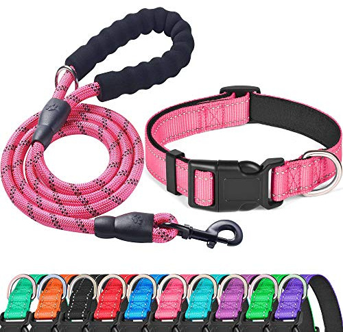 Ladoogo Reflektierendes Hundehalsband, gepolstert mit weichem Neopren, atmungsaktiv, verstellbar, Nylon, für kleine, mittelgroße und große Hunde (Halsband + Leine, Halsumfang M 40.6 cm,48.3 cm, Rosa)
