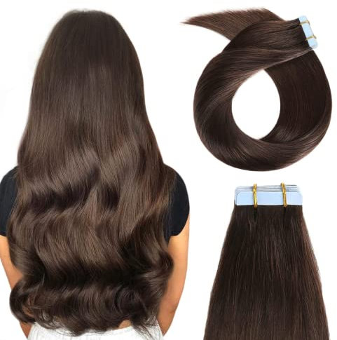 YILITE Haarverlängerungen Echthaar 50cm Remy Natural Tape-Haarverlängerungen Glattes Tape in Haarverlängerungen Echthaar Tape in Extensions Echthaar 20 Stück 50g/Packung (50cm #2 Dunkel Braun)