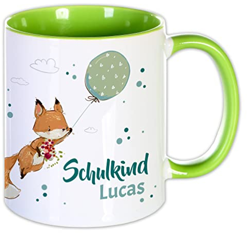 Namenstasse Schulkind Fuchs Luftballon GRÜN | personalisiertes Geschenk zum Schulanfang Mädchen Junge Tasse Schulstart, Namenstasse Kinder, Schultüte Zuckertüte Kleines Geschenk Kleinigkeit