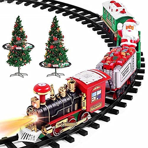 PARTENOPE Tren de Navidad con Soporte para Centro de árbol de Navidad, Tren eléctrico, 2 Piezas + Trineo de Papá Noel con luz y Sonido, decoración navideña, diámetro de Pista 89 cm