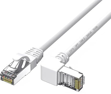 JUXINICE Cat6 Ethernet Cable - White, 90 Degree Right Angle, 10FT, RJ45 LAN, Gigabit Network