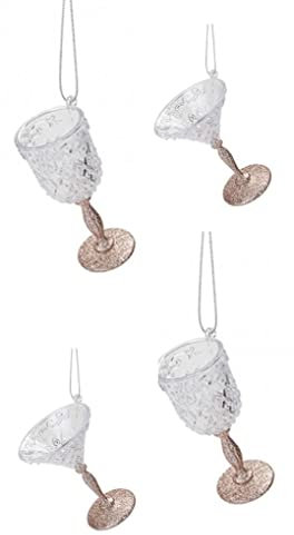 Pack of 4 Wine and Martini Glasses for your Christmas Tree, Glass look Acrylic Hanging Decoration Cocktail Glasses with Glitter Detail in Blue, Rose Gold, Champagne or Silver (Rose Gold)
