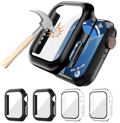 OU-BAND 4 Stück Schutzhülle für Apple Watch 9/8/7 41mm Displayschutz, Hart-PC Schutz Hülle mit Gehärtetem Glas Kompatibel mit Apple Watch Series 9 Series 8 Series 7 (2 Schwarz & 2 Transparent)