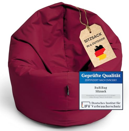 BuBiBag 2in1 Sitzsack L - XXL mit Füllung für Kinder & Erwachsene, Gaming Beanbag & Bodenkissen für Indoor & Outdoor Sessel Pflegeleicht & Wasserabweisend XXXL RIESENSITZSACK (Ø 155 cm Weinrot)