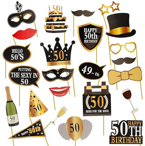 AIYONG 25 Stück 50.Geburtstag Deko Fotorequisiten,50 Geburtstag Schwarzes Gold Photo Booth, Party Foto Booth Props für Partydeko, 50. Geburtstag Frau Mann Foto Requisiten Geschenke