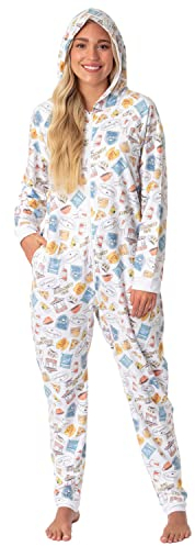 Gilmore Girls Womens' Icons Toss Print Luke's Diner Stars Hollow Footless Sleep Union Suit (Small/Medium) White