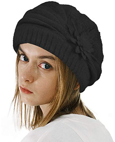 Womens Knitting French Beret Artist Painter Cap Winter Fleece Lined Beanie Hat (Black)