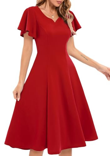 Red Formal Cocktail Dress for Wedding Guest Modest Homecoming Dresses for Women Evening Party Vintage Swing a Line Dress for Casual Graduation Elegant Short Sleeve Red XL